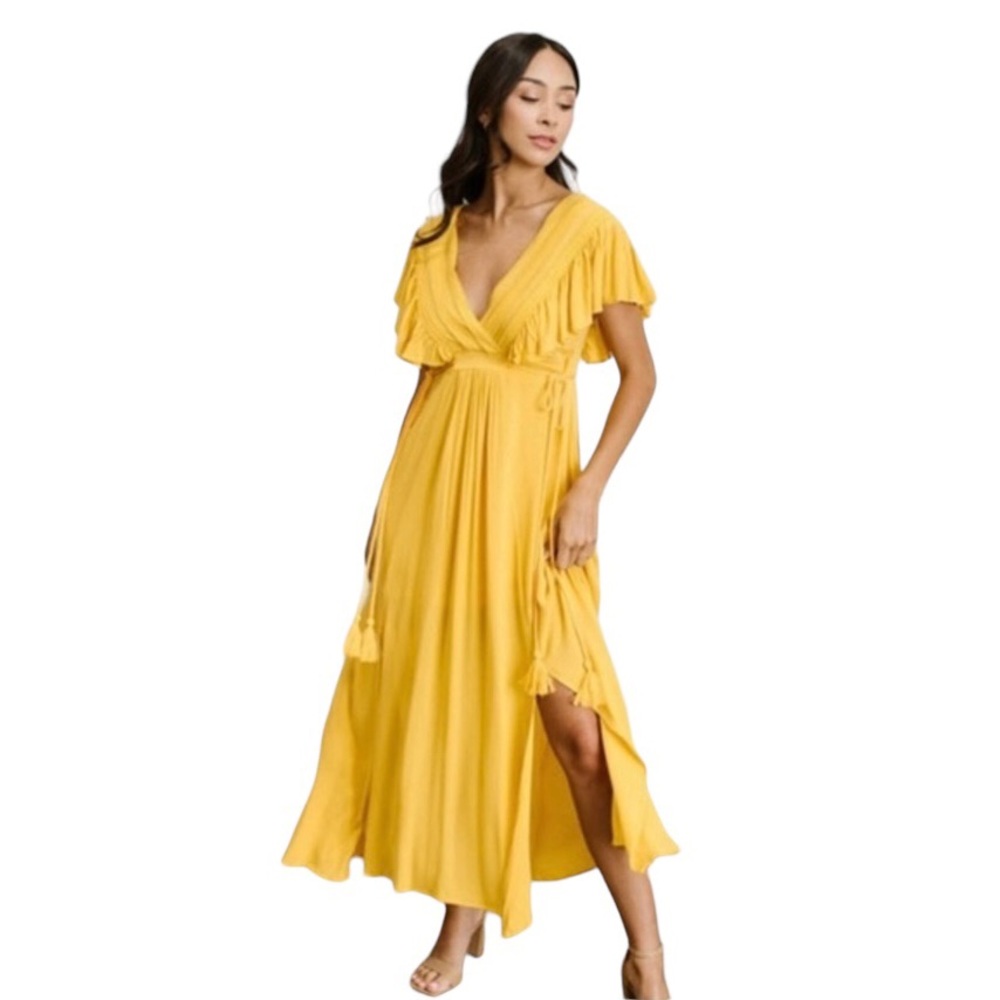 Baltic Born Maxi‎ Dress Women’s Small Yellow Deep V Crochet Lace Jennifer